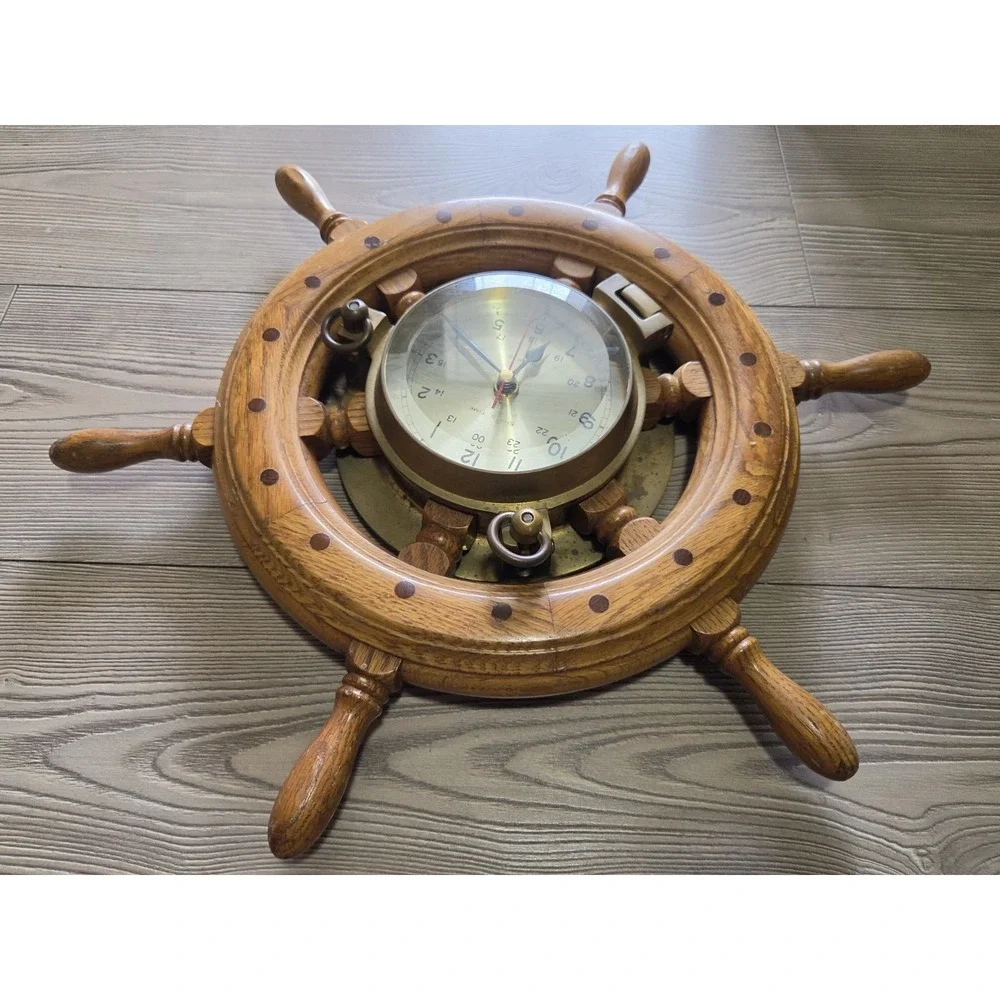 Vintage Brass & Wood Clock Ship's Time Walnut Wheel 18